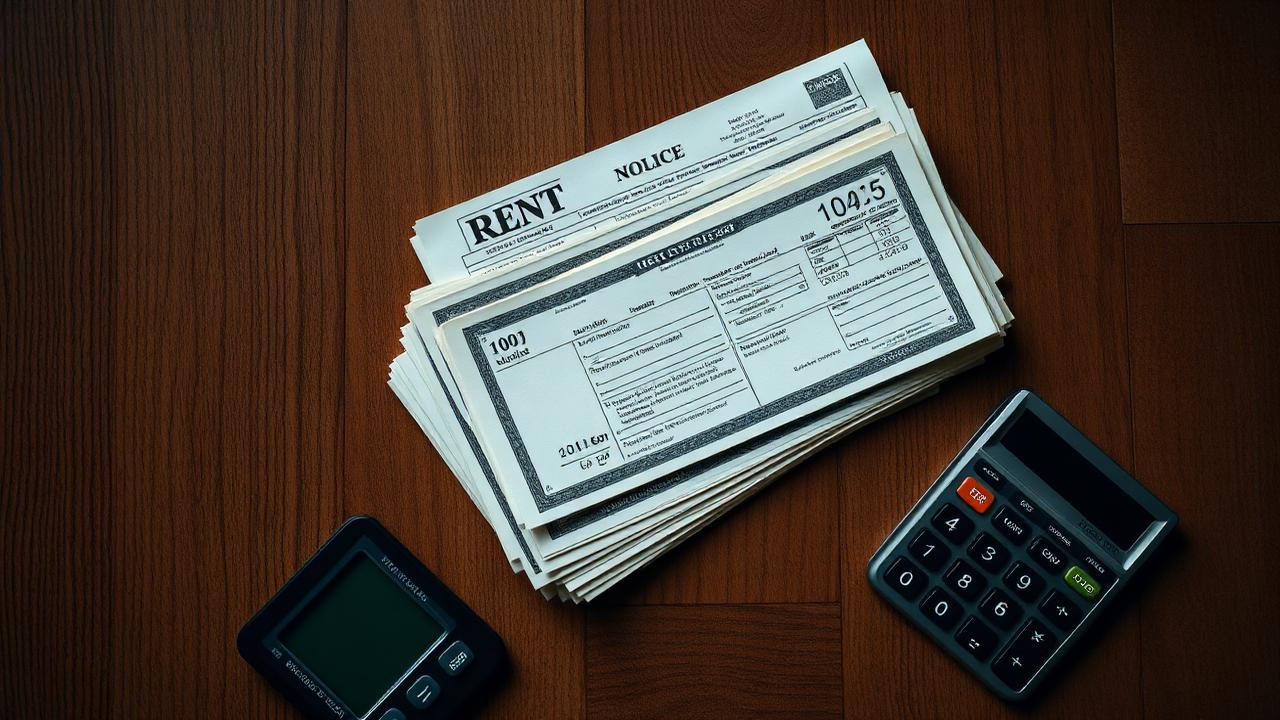 Stack of unpaid bills and a calculator on a table