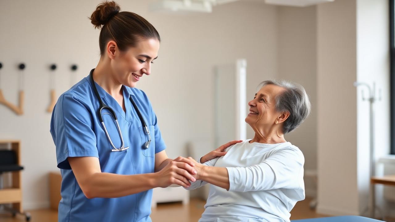 Physical therapist assisting a patient with rehabilitation