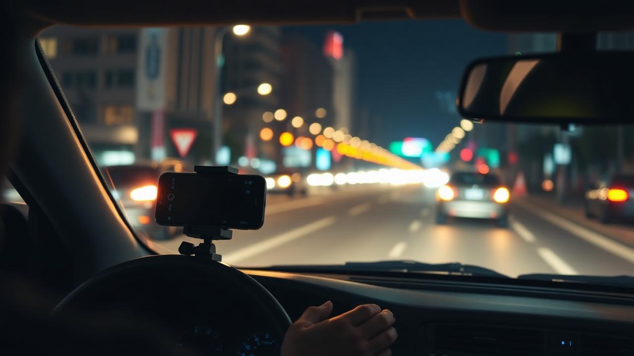 Rideshare driver on a city street at night