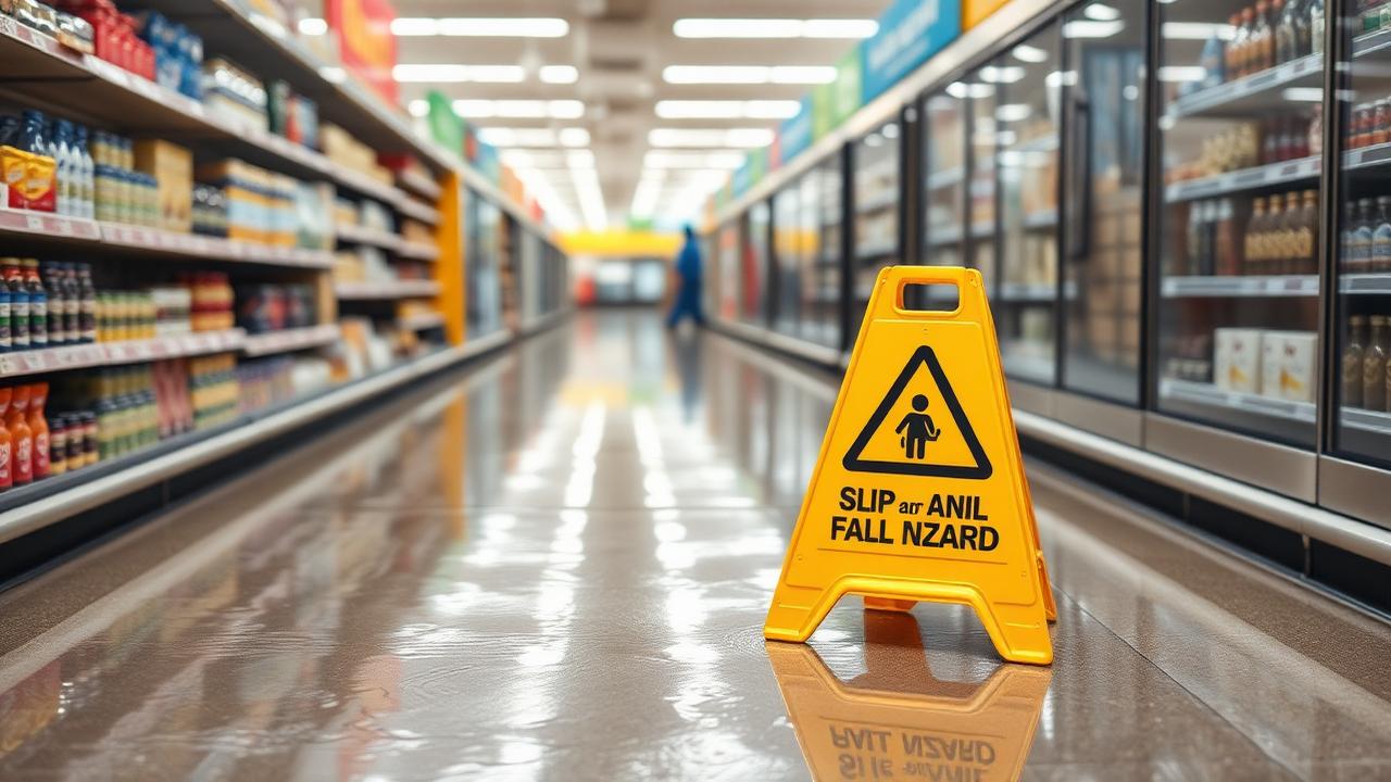 Wet floor caution sign in a store aisle