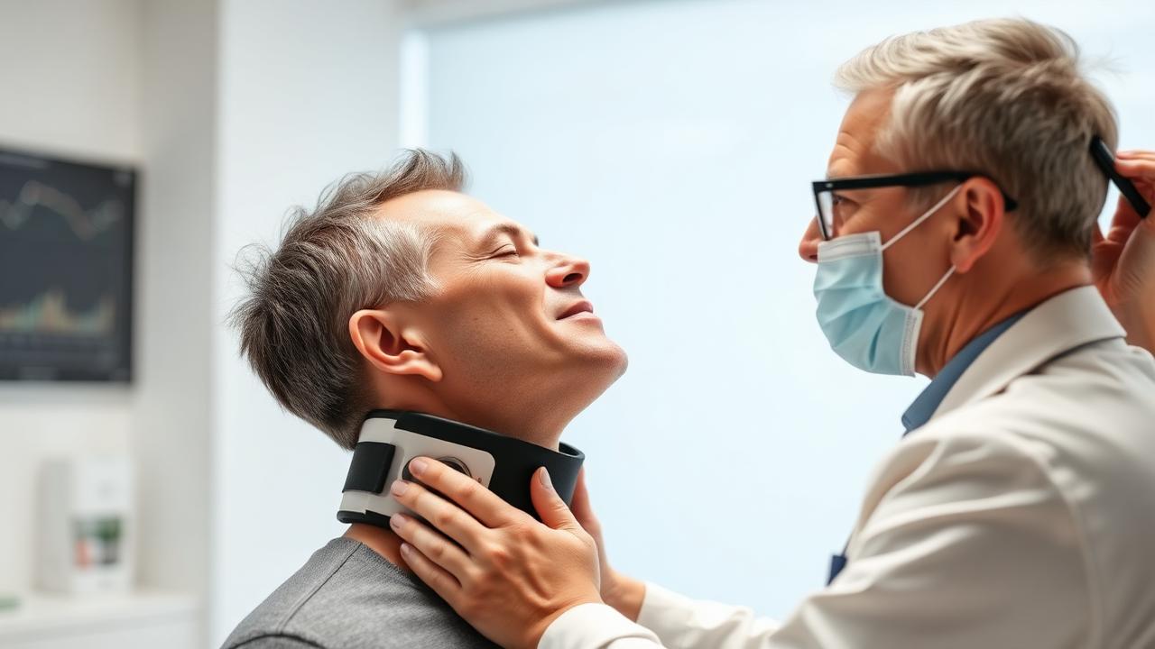 Patient in a neck brace being examined for whiplash injury